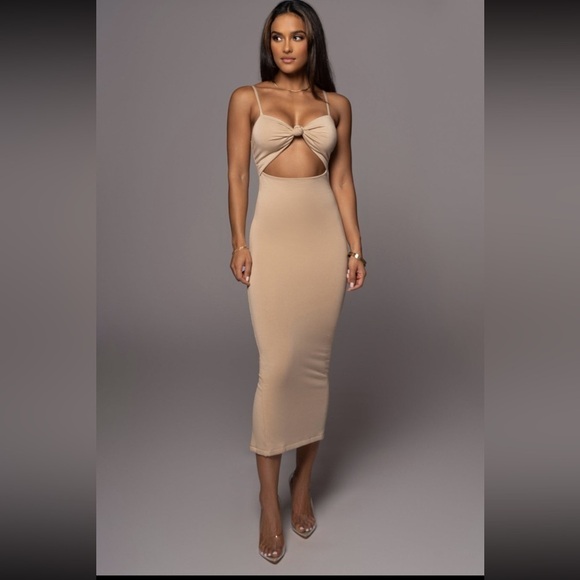NEW JLUXLABEL Beige Midnight Memories Fitted Knot Cut Out Midi Dress - Picture 1 of 11